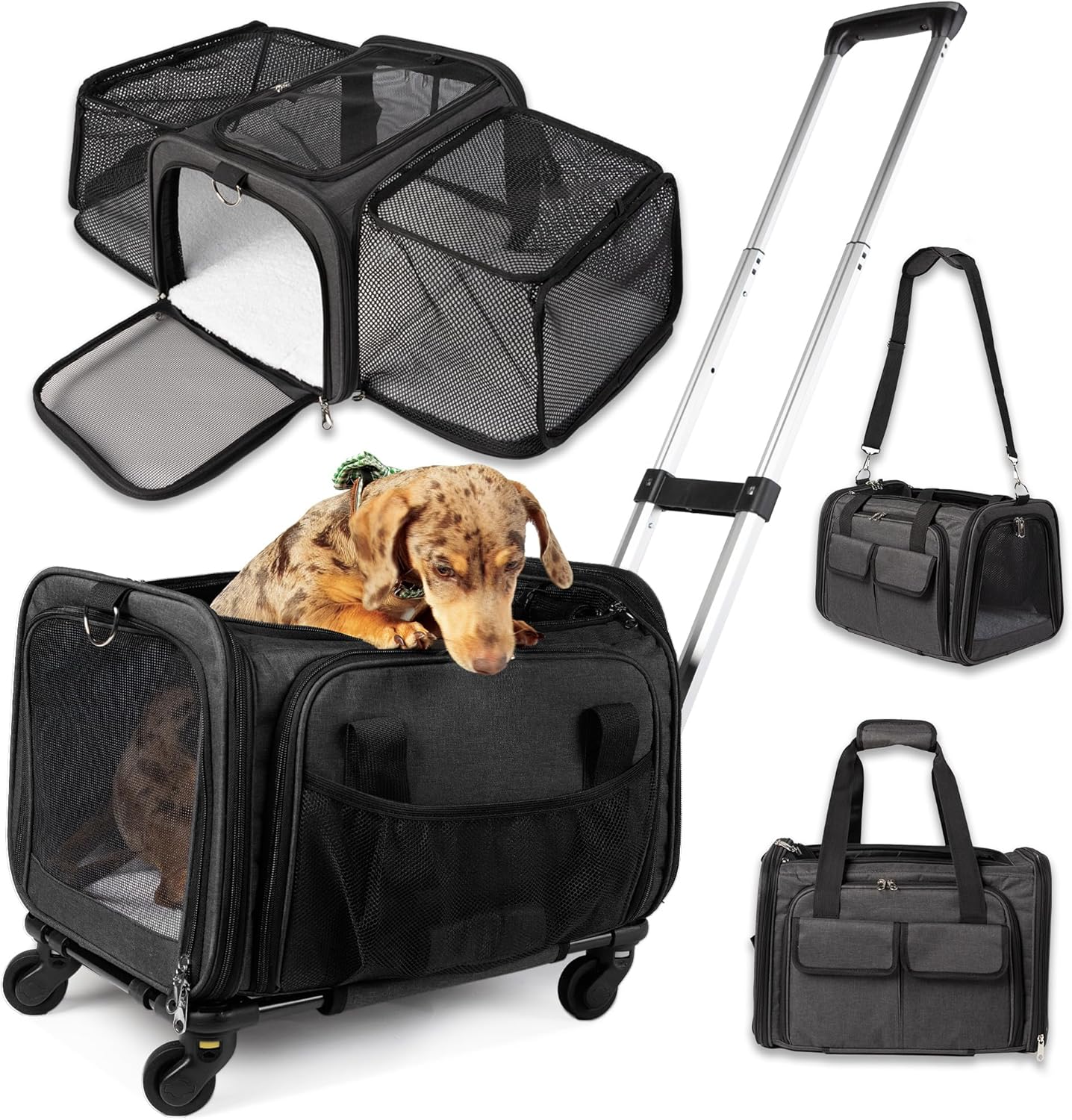 Pet Carrier with Wheels | United Delta American Frontier Airline Approved | Two Expandable Sides, Storage Pockets Adjustable Leash | Rolling Dog and Cat Carrier TSA Compliant (Charcoal)