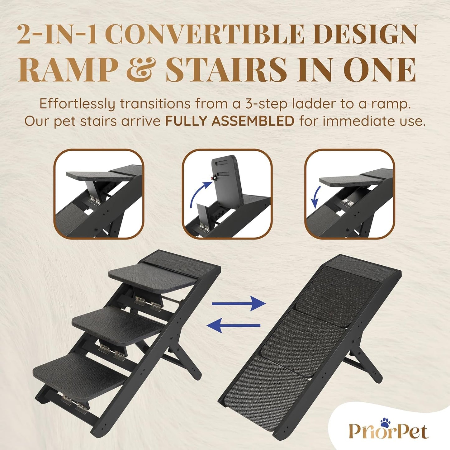 Dog Steps for Bed & Couch 2-in-1 Dog Stairs/Ramp - Height Adjustable Dog Ramp for Couch 7” - 20” - Pet Stairs, Dog Stairs for Small Dogs - Easy to Move Pet Steps with Landing Platform, Black