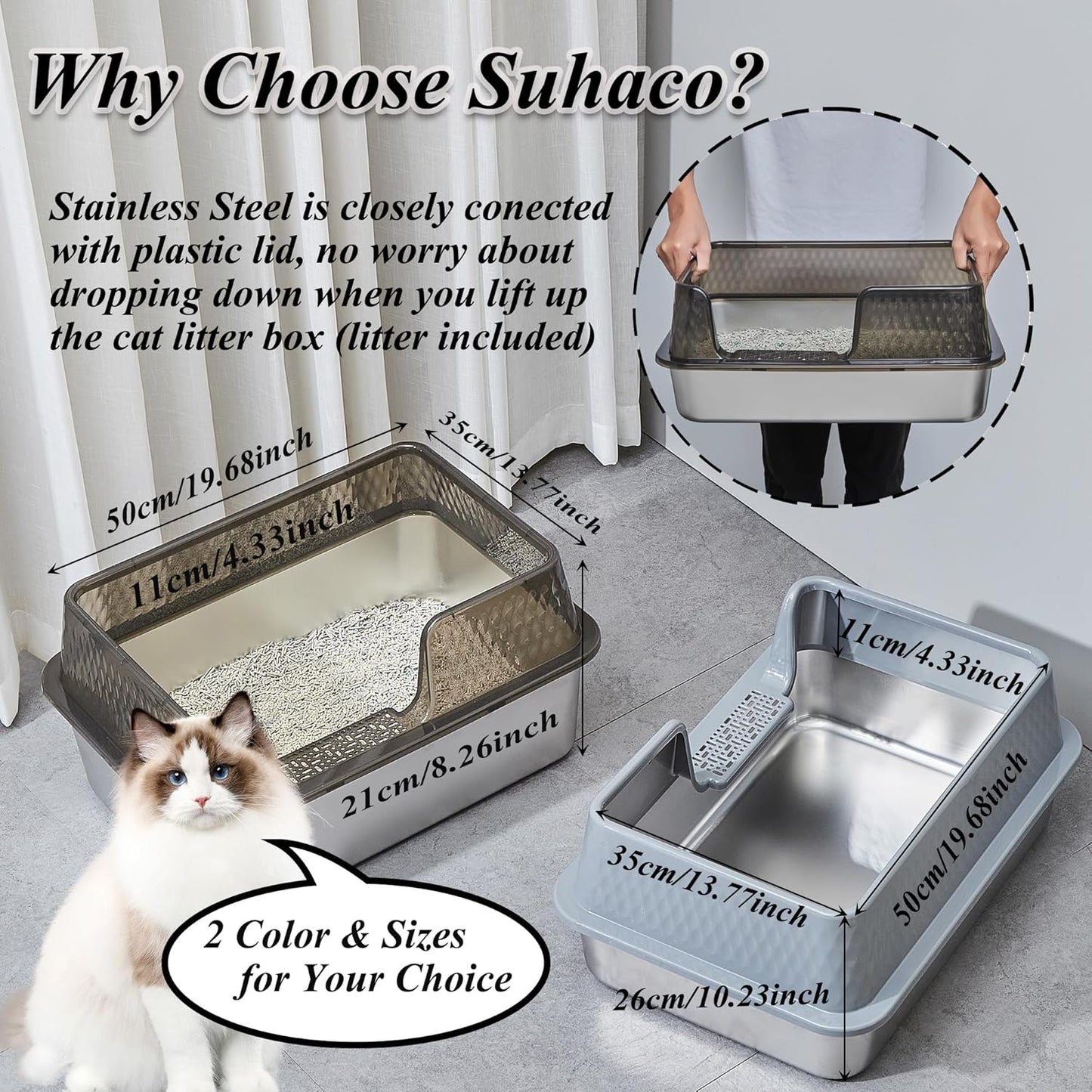 Suhaco Stainless Steel Litter Box Side Entry, Kitty Litter Mat and White Scoop Included Covered Metal High Sided Extra Large Cat Litter Box with Lid Removable Enclosure for Medium Cats (Tall Grey)