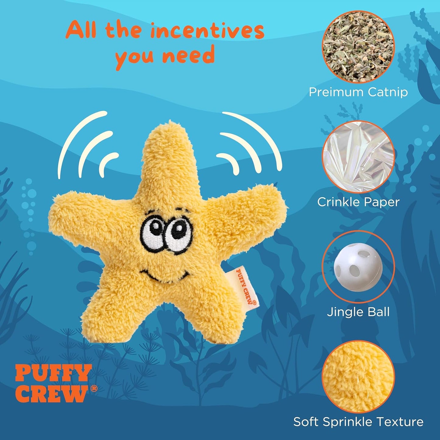 Interactive Catnip Cat Plush Toy, Ocean Theme, 5'', for All Breed Size Cats (Starfish)