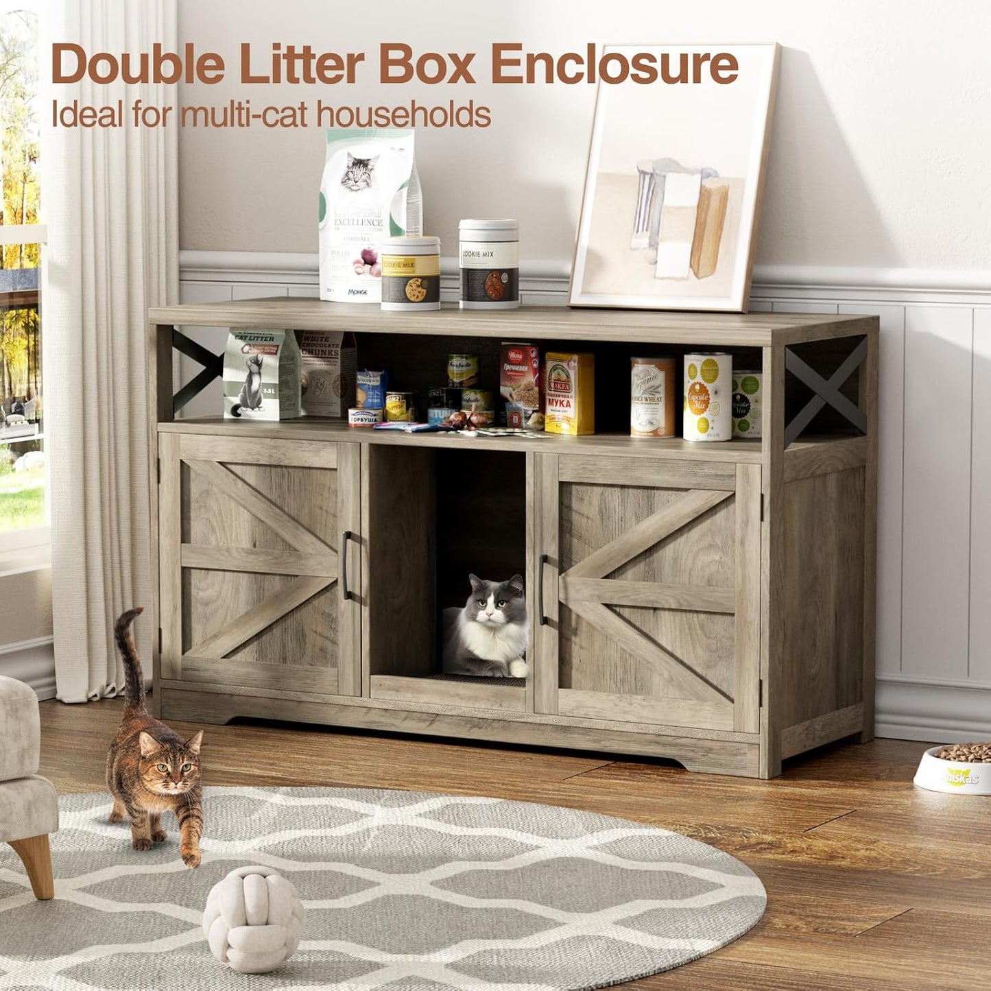 Cat Litter Box Enclosure for 2 Cats, 47" Double Hidden Litter Box Furniture with Scratch Pad, Farmhouse Indoor Litter Box Cabinet Cat Washroom, Grey