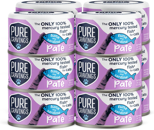 Tuna and Sardine Pate, Canned Wet Cat Food, 100% Mercury-Tested, Moist Can Fish, Grain-Free Protein, Non-GMO, 12 Pack
