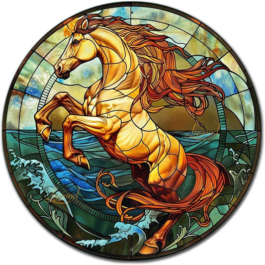 Lygond Metal Sign Tin Sign Circular Stained Glass Horse Funny Outdoor Decor for Bar 12×12 Inches
