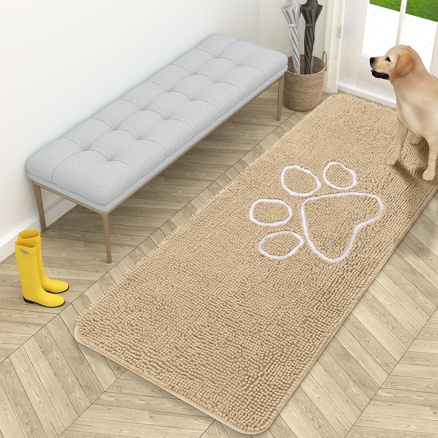 OLANLY Door Mat for Muddy Dog Paws 59x24, Ultra Absorbent Chenille Mud Doormat with Paw Print Design, Non-Slip Washable Doormat for Indoor Entryway, Quick-Dry Pet Bed Mats for Dirty Dogs, Beige