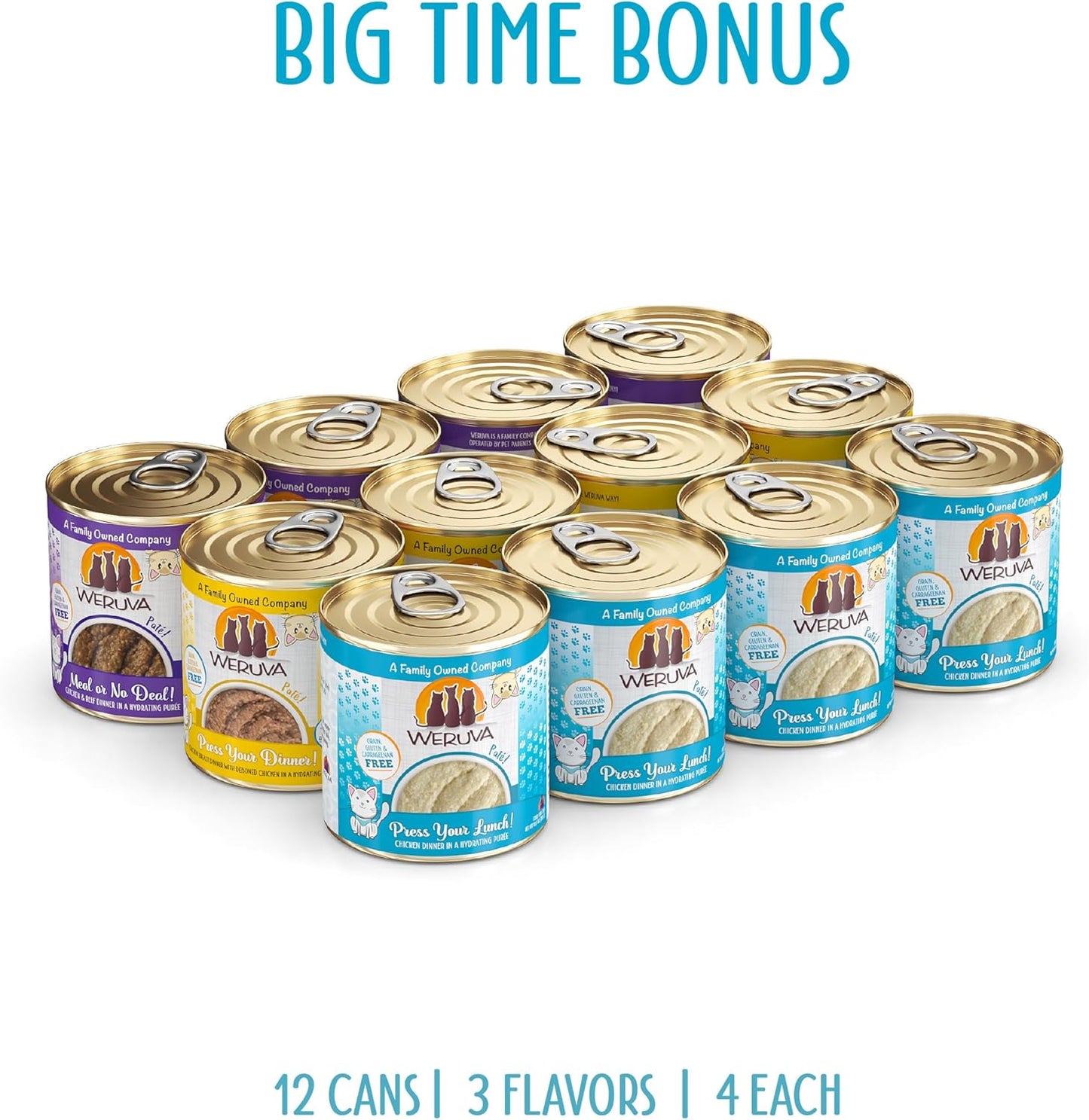 Weruva Wet Cat Food, Big Time Bonus Round Pate Variety Pack, 10oz Can, Pack of 12