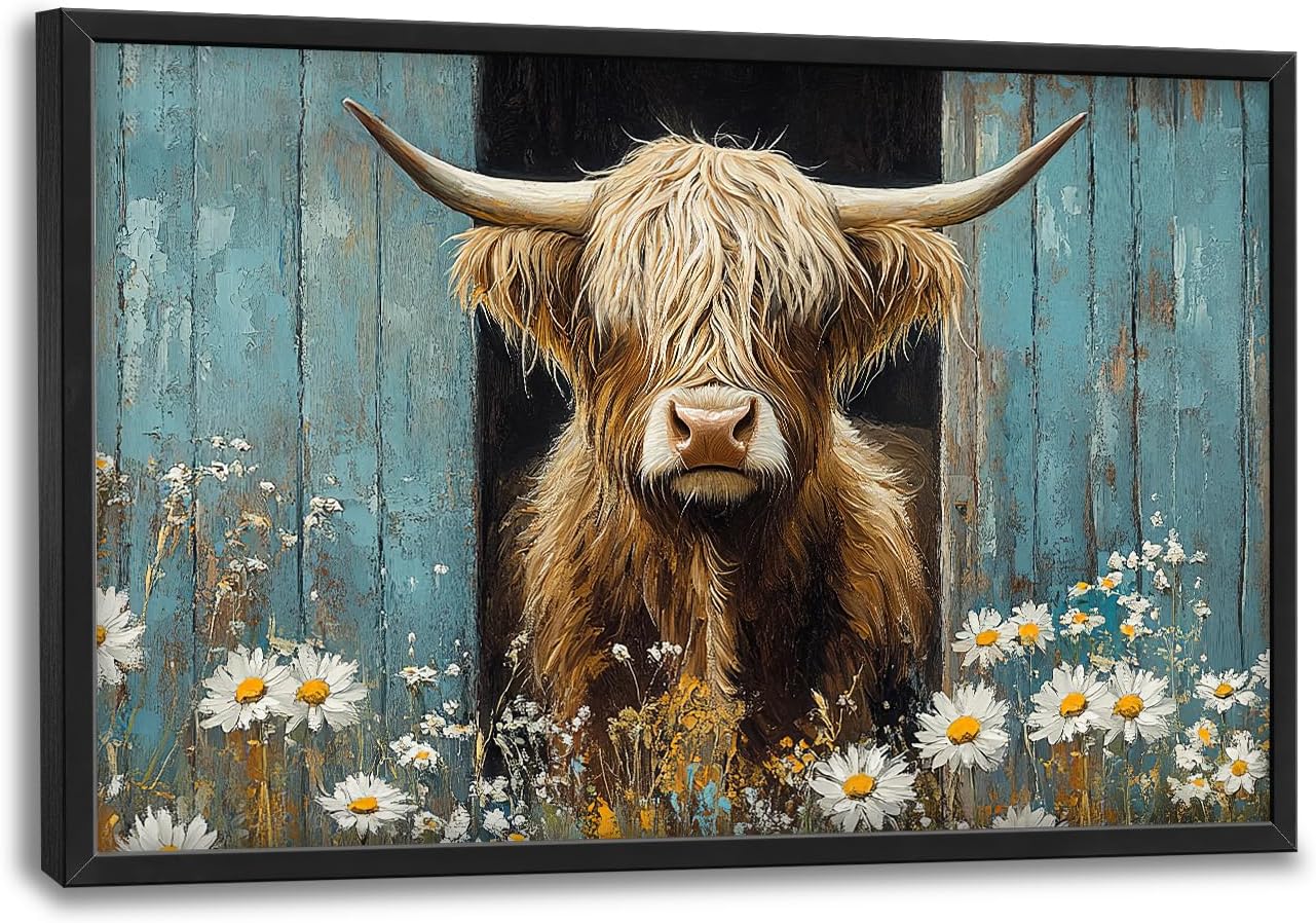 Large Farmhouse Highland Cow Country Wall Art for Living Room, Floral Canvas Oversized Wall Decor, Daisy Flower Animal Framed Pictures Painting Print Artwork for Bedroom Office 36"L x 24"W