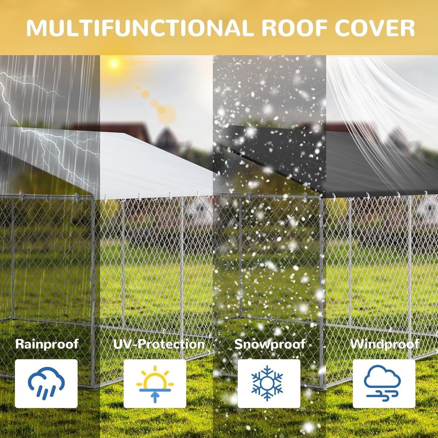 Outdoor Dog Kennel with Cover, Large Dog Run Fence House Big Cage Pen Enclosure, Heavy Duty Dogs Play Cage Pen Kennel (118" L x 118" W x 83" H)