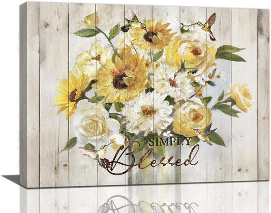 Sunflower Bathroom Pictures Wall Art, Simple Blessed Floral Bathroom Wall Decor, Flower Framed Painting Canvas Artwork for Bedroom Living Room Decorations 16"L x 12"W