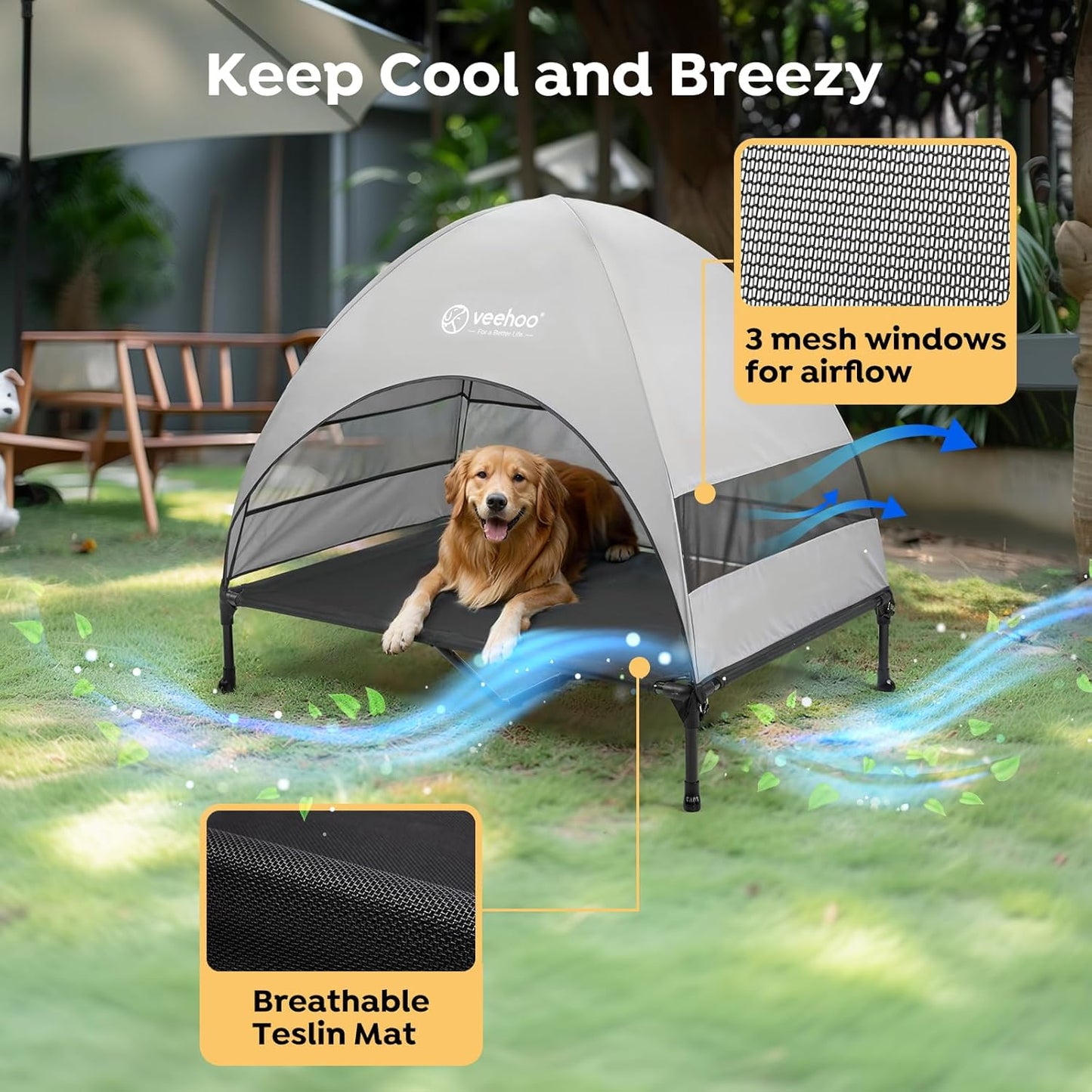 Veehoo Outdoor Dog Bed with Canopy, Cooling Elevated Pet Cot with Removable Shade, Non-Slip Feet, Raised Dog Cot for Large Dogs, Pet Tent Bed for Camping, Beach, XLarge, Black + Grey, CWC2411