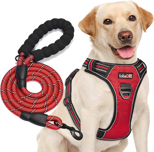 No Pull Dog Harness Adjustable Reflective Oxford Easy Control Medium Large Dog Harness with A Free Heavy Duty 5ft Dog Leash (L (Neck: 18"-25.5", Chest: 24.5"-33"), Red Harness+Leash)