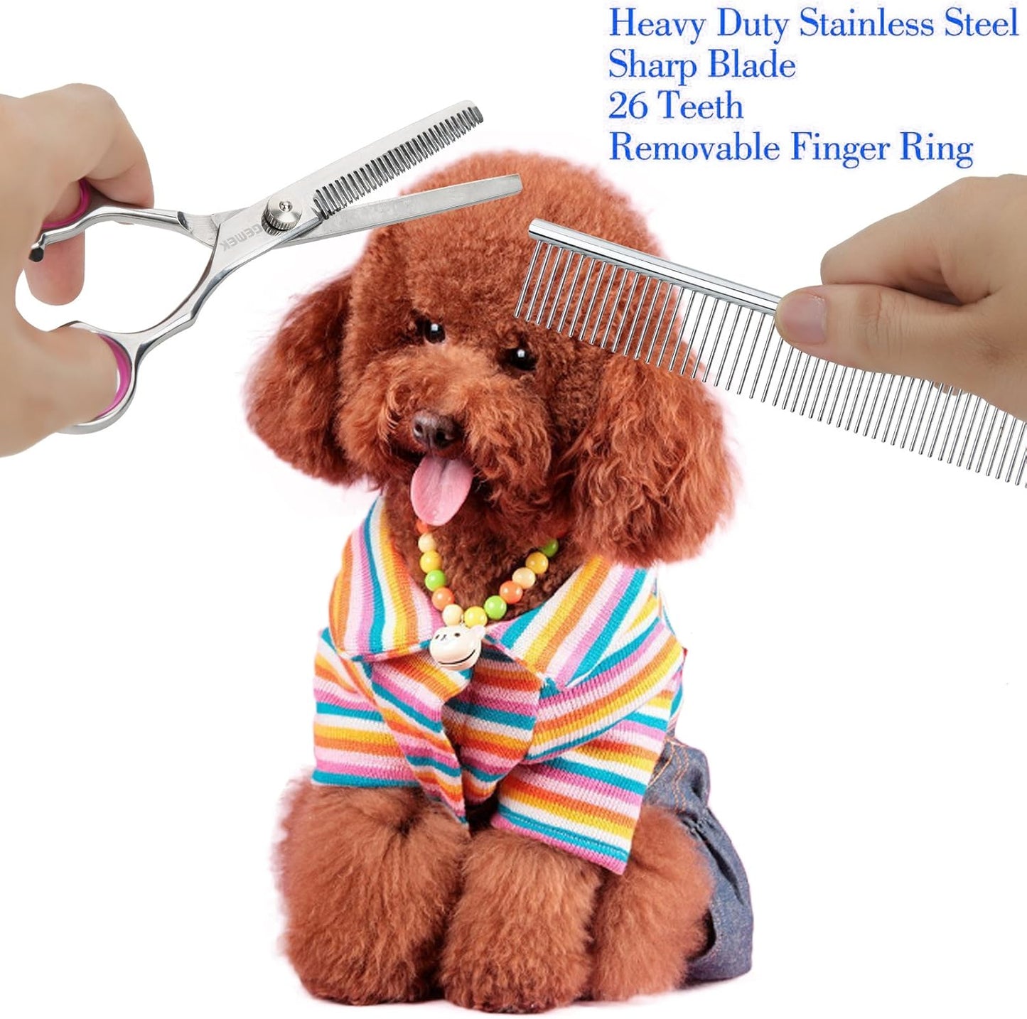 GEMEK Pet Cat Dog Grooming Scissors Set 4 Pieces Stainless Steel Professional Pet Trimmer Kit - 7.5 inch Straight Cutting, Thinning Shears, Curved, Grooming Combs