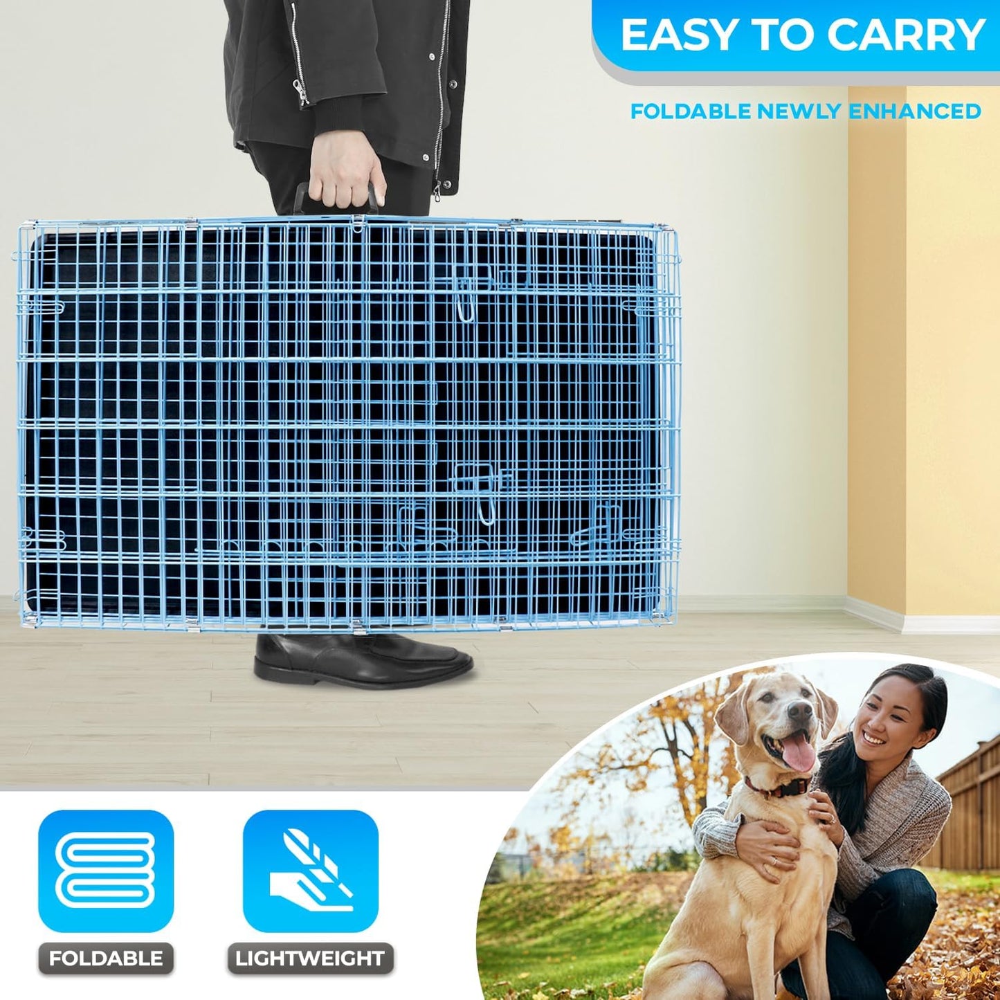 FDW Dog Crate for Large Dogs 42 Inch Folding Metal WirePet Cage Double Door W/Divider Panel Indoor Outdoor Kennel Leak-Proof Plastic Tray,Blue