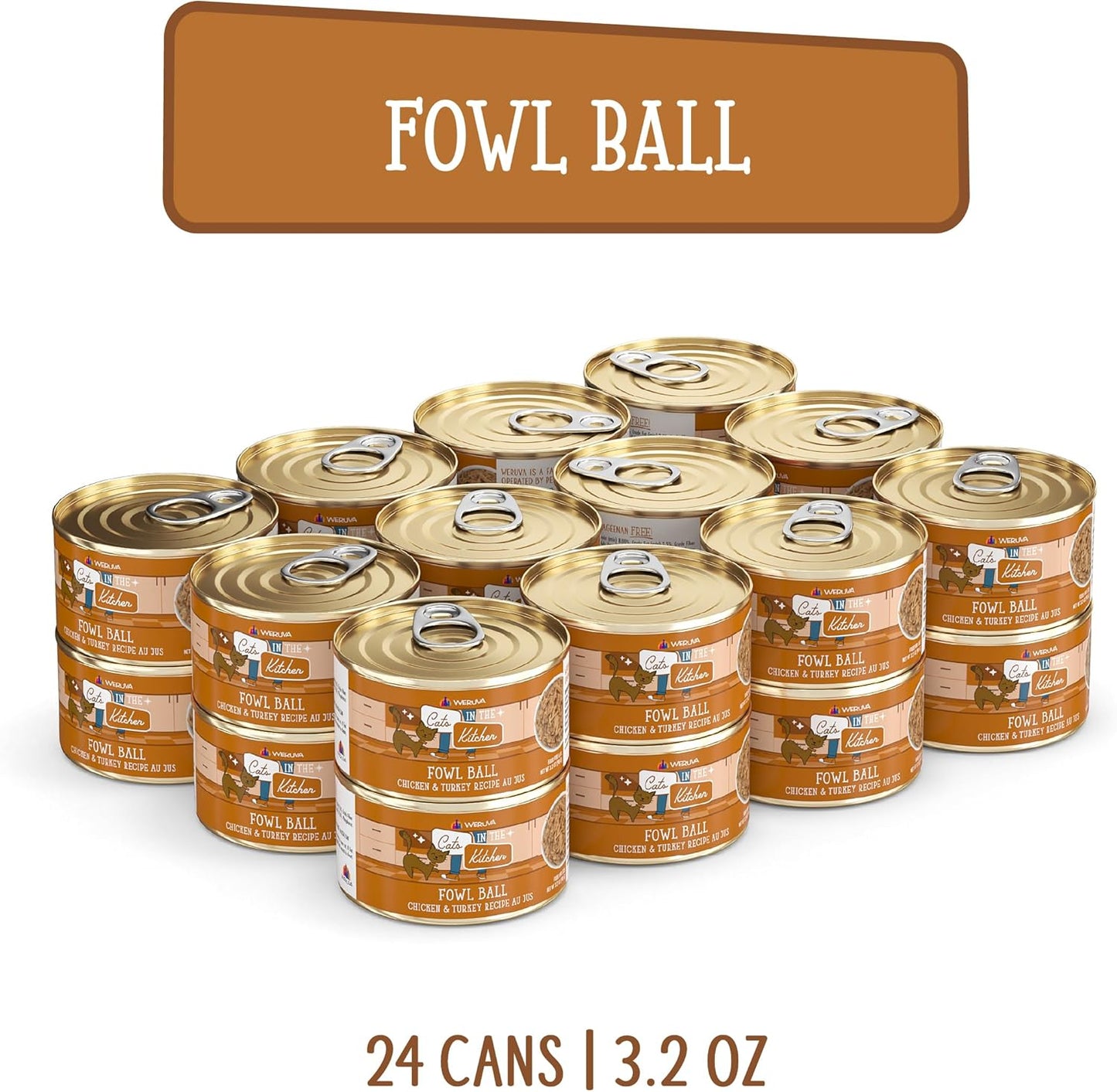 Weruva Cats in The Kitchen, Fowl Ball with Chicken & Turkey Au Jus Cat Food, 3.2oz Can (Pack of 24)