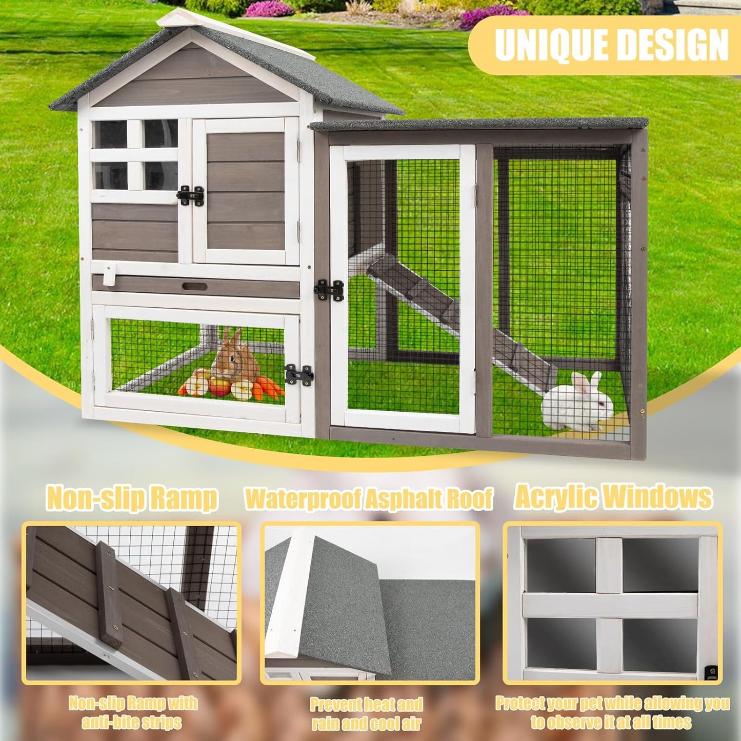 Rabbit Hutch Indoor Bunny Hutch Outdoor Wooden Rabbit Cages Indoor Rabbit Hutch with Pull Out Tray Large Rabbit Hutch Bunny Hutch Waterproof Asphalt Roof Guinea Pig Cages Pet House