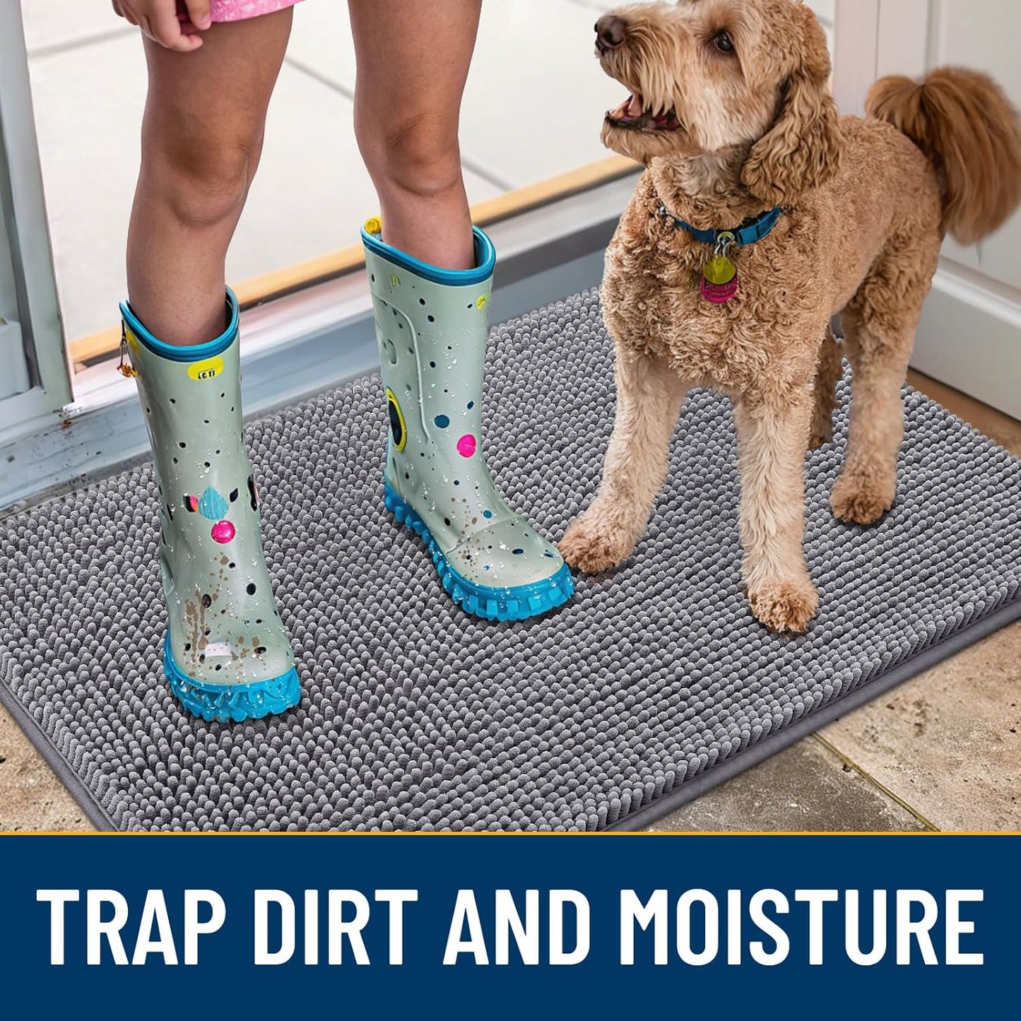 Smiry Dog Door Mat for Muddy Paws 47x24, Absorbs Moisture and Dirt Doormat, Non-Slip Washable Quick Dry Chenille Front Door Mat Indoor Entrance, Entryway Carpet for Inside Floor, Grey