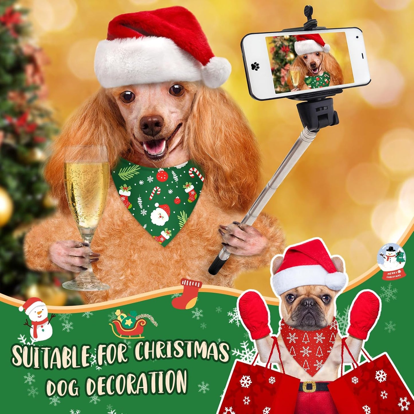 100 Pcs Christmas Dog Bandanas Bulk Xmas Santa Snowflakes Bandanas Adjustable Soft Bibs Triangle for Small Medium Large Pets Holiday Party Costume