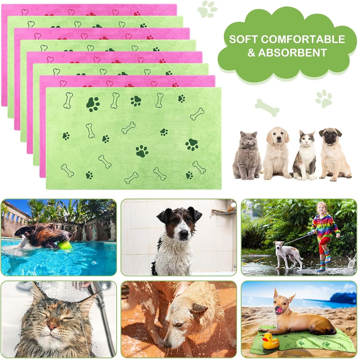 Chumia 8 Pcs Dog Towels for Drying Dogs Cats Pet Towels Bulk Puppy Microfiber Quick Drying Paw Bath Bathing Supplies Absorbent for Medium Pets(Hot Pink,Green,40 x 24 Inch)