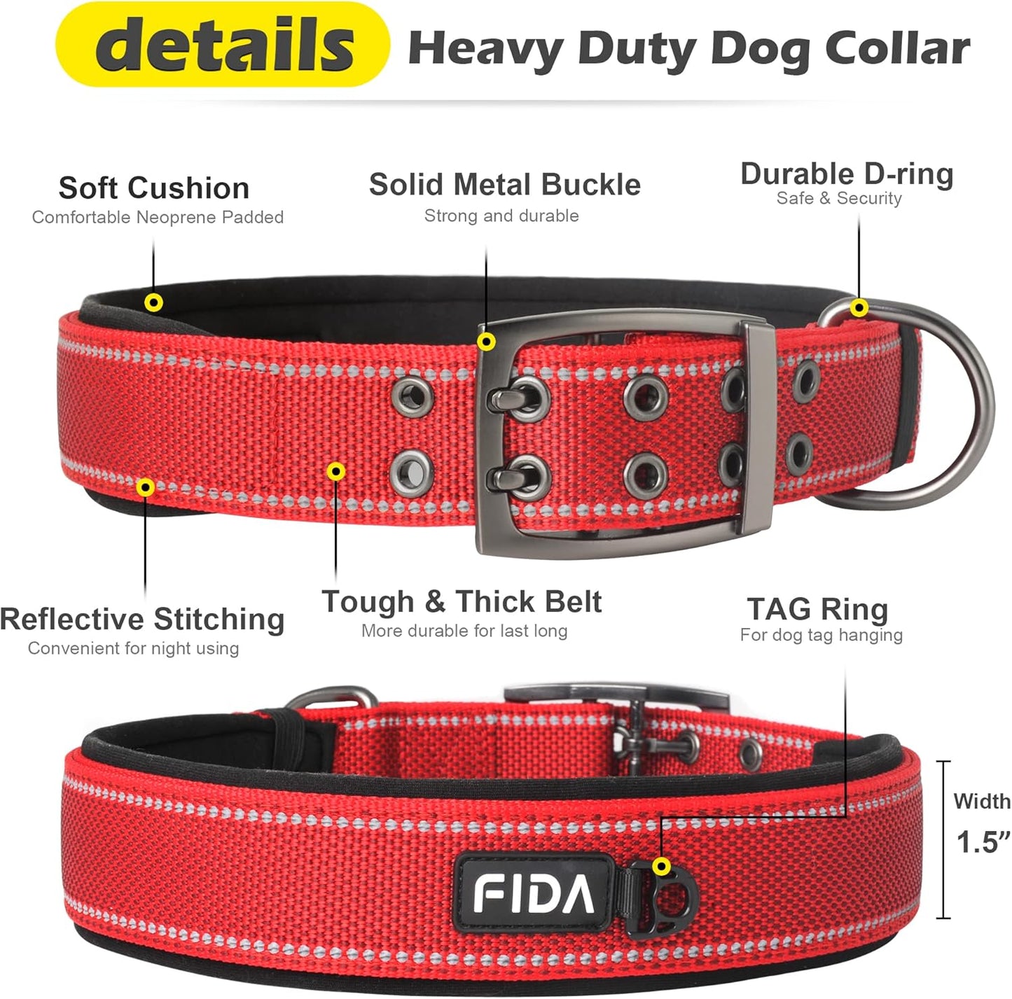 Fida Heavy Duty Dog Collar 1.5” Width, Ultra Soft Neoprene Padded, Adjustable Reflective Nylon Pet Collar with Two Metal Pin Belt Buckle for Large/X-Large Breeds (XL, Red)