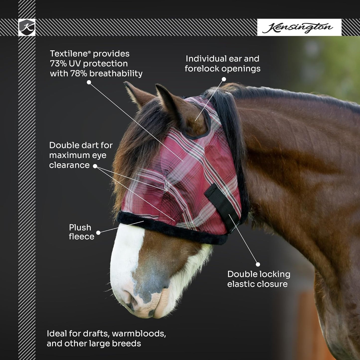 Kensington UV Fly Mask with Fleece Trim - Protective Mask with Dual Ear Opening Size: XXL Color: 121-Deluxe Black