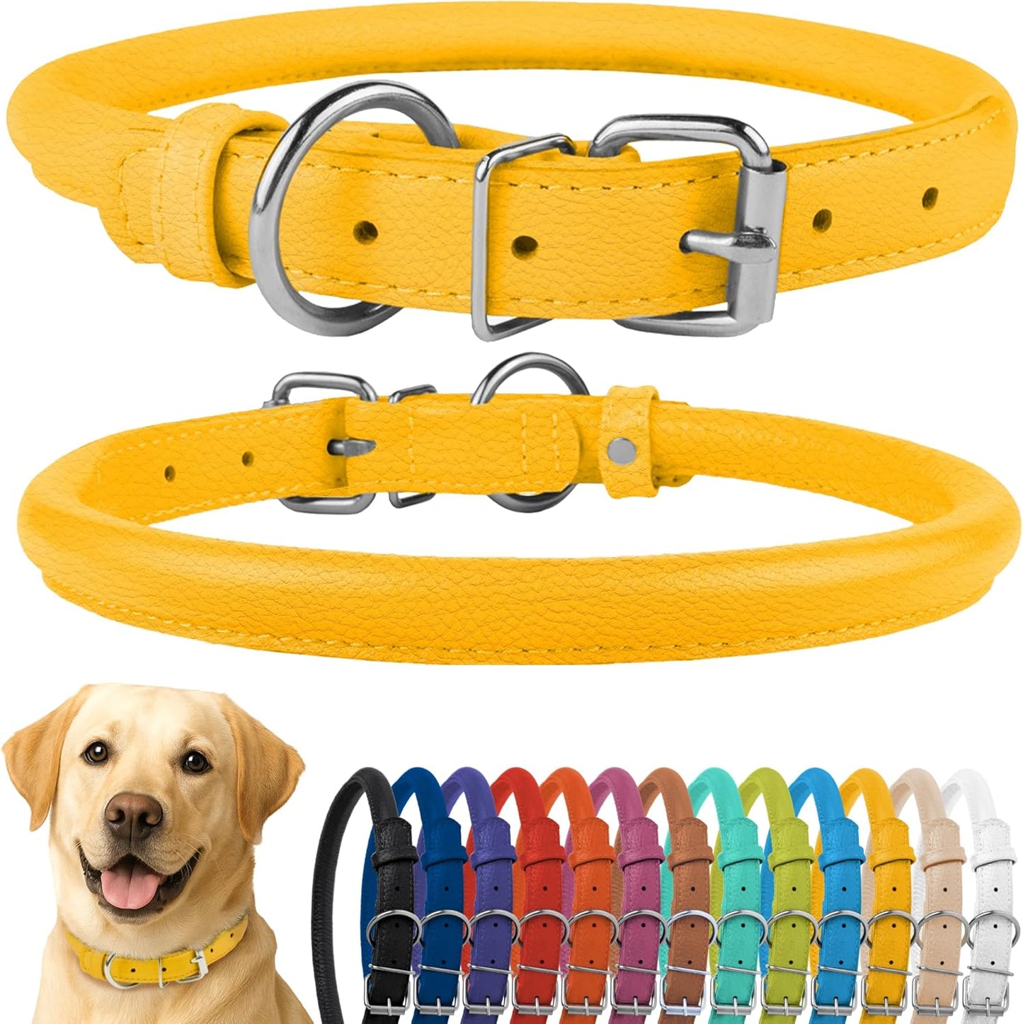 CollarDirect Rolled Leather Dog Collar, Soft Padded Round Puppy Collar, Handmade Genuine Leather Collar Dog Small Large Cat Collars 13 Colors (18-22 Inch, Yellow Textured)