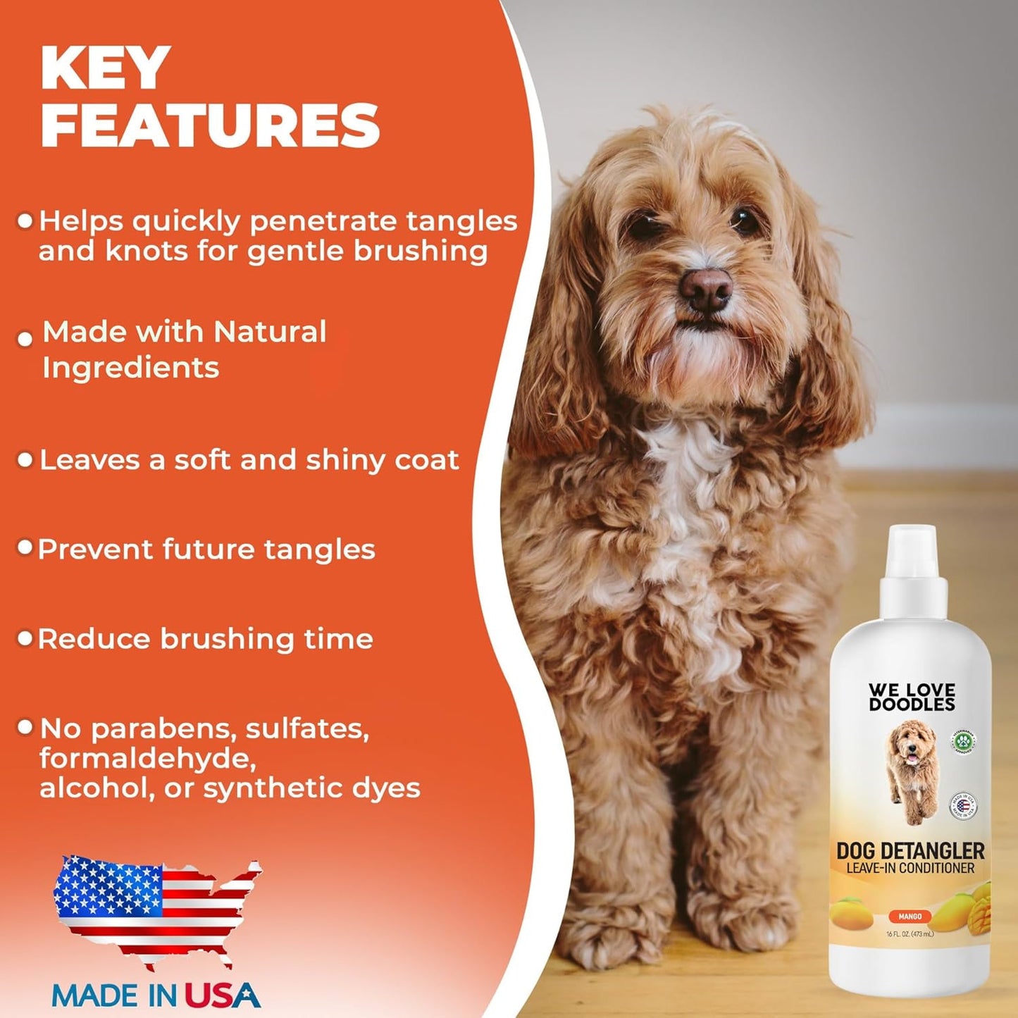 We Love Doodles Dog Detangler Spray - Leave-in Conditioner for Dogs - Dog Detangling Spray - Dematting Spray for Dogs - Tangle Remover - Made in The USA - Large 16 fl oz (Mango)