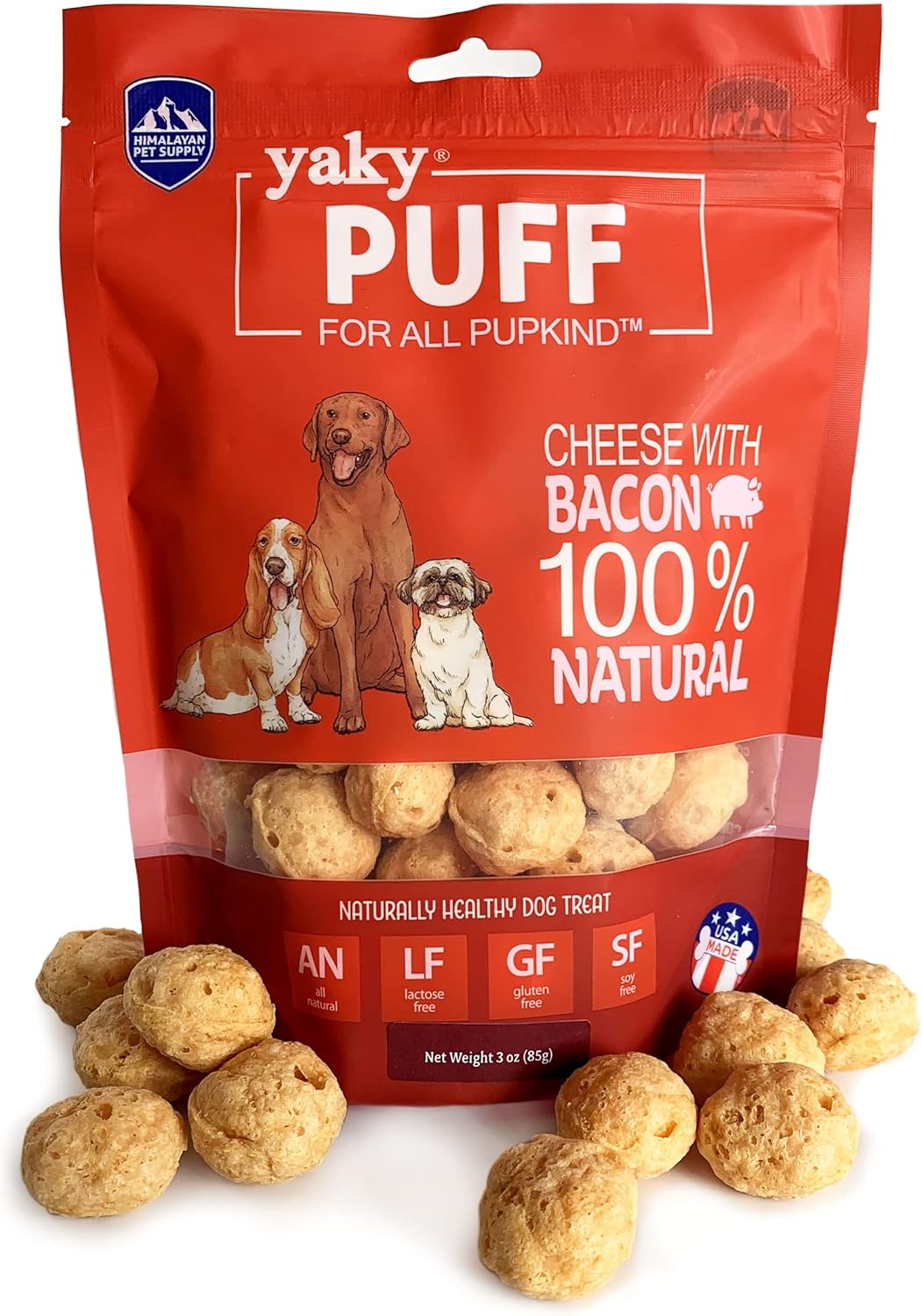 yakyPUFF Himalayan Cheese Treats | Lactose Free | Gluten Free | Grain Free | REAL BACON | USA MADE | For All Breeds | Bacon Flavor Crispy Puffed Treat