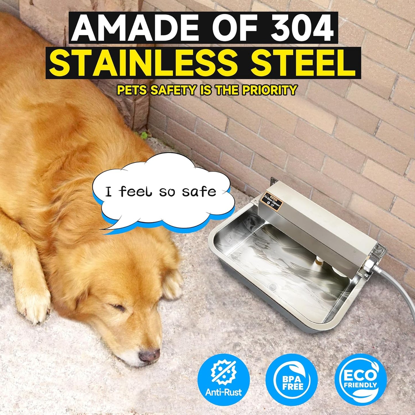 Automatic Dog Water Dispenser, 2 Gallons 304 Stainless Steel Large Dog Water Bowl Dispenser for Indoor/Outdoor, Pet & Livestock Water Feeder, Auto Fill, Fits GHT 3/4" Faucet, Easy to Clean