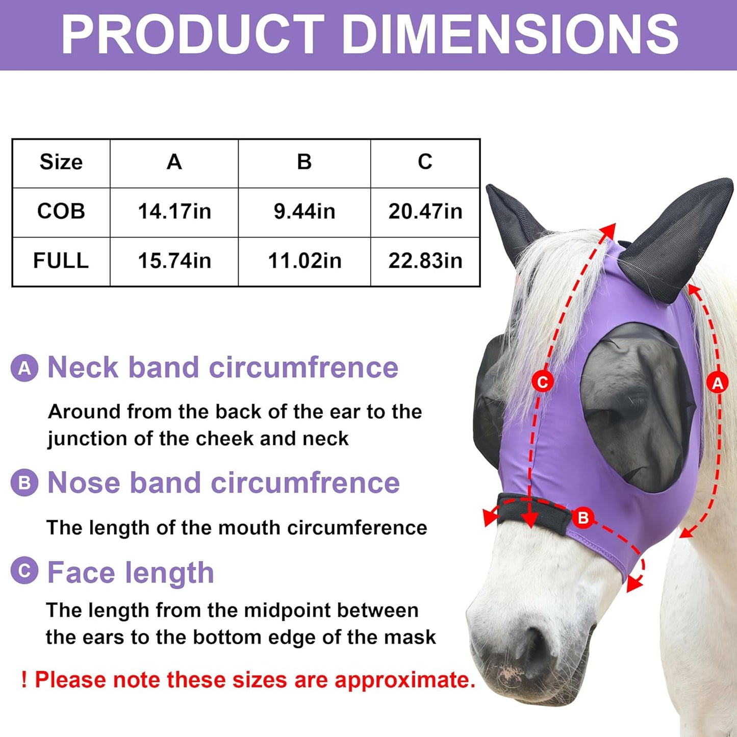 Stretchy Horse Fly Mask for Horses, Soft Lycra Equine Mesh Mask, Elasticity Horse Face Covering, Breathable&UV Protection, Violet, Cob