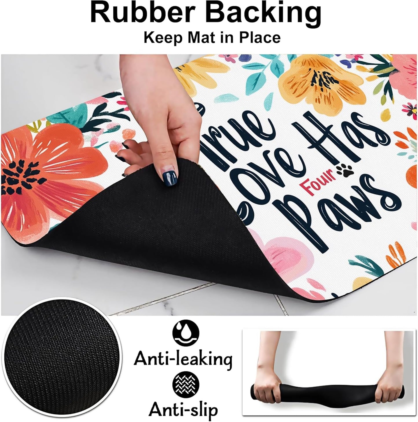 True Love Floral Dog Cat Food Mat-Absorbent Placemat for Food and Water Bowl, Waterproof Non Slip Rubber Backing Dog Food Mats for Floors, Pet Supplies 16 * 24 inch