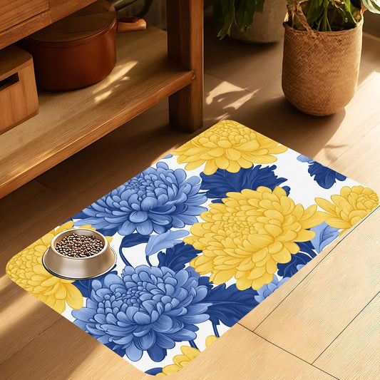 Blue Yellow Flowers Pet Cat Dog Food Mat-Absorbent Quick Dry Feeding Placemat for Water and Food, No Stains Rubber Base Mat for Indoor Use, Pet Accessories 16"x24"