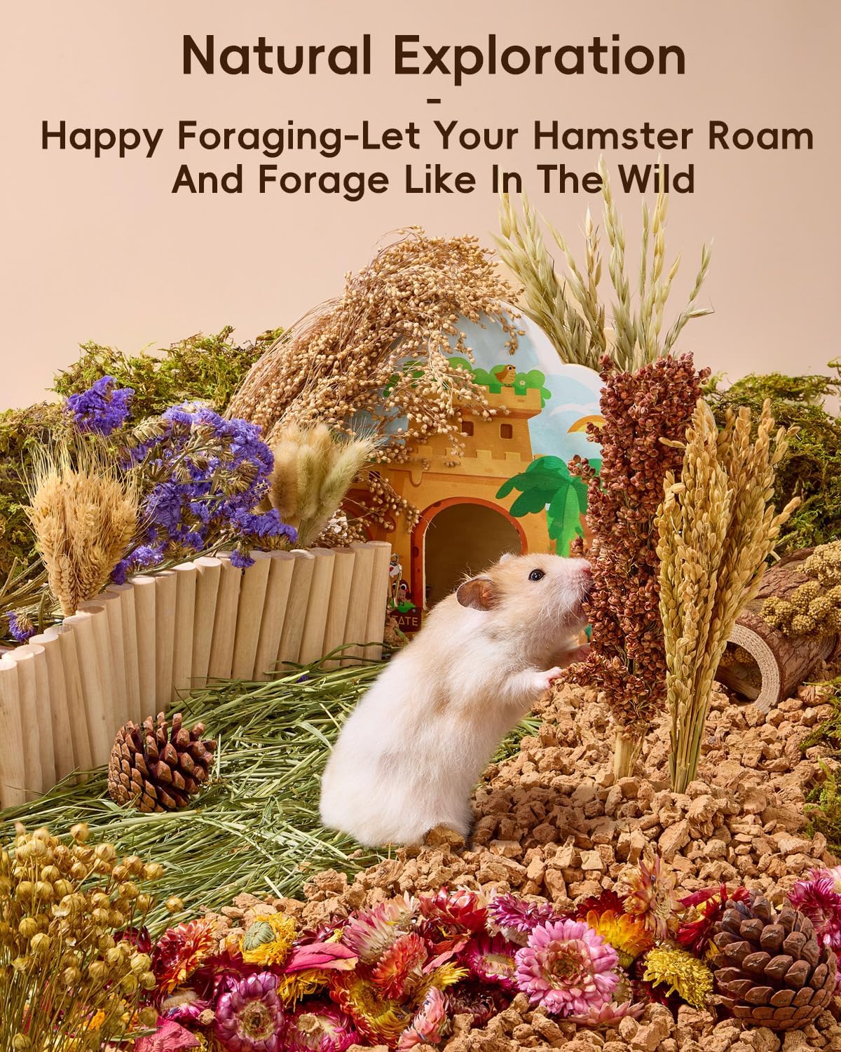 BUCATSTATE Natural Hamster Bedding - Flowers & Herbs & Sprays for Cage Habitat Decor - Treat Cereal Grain for Dwarf Syrian Gerbils, Mice, Rat, Forage, Enrichment (58PCS)