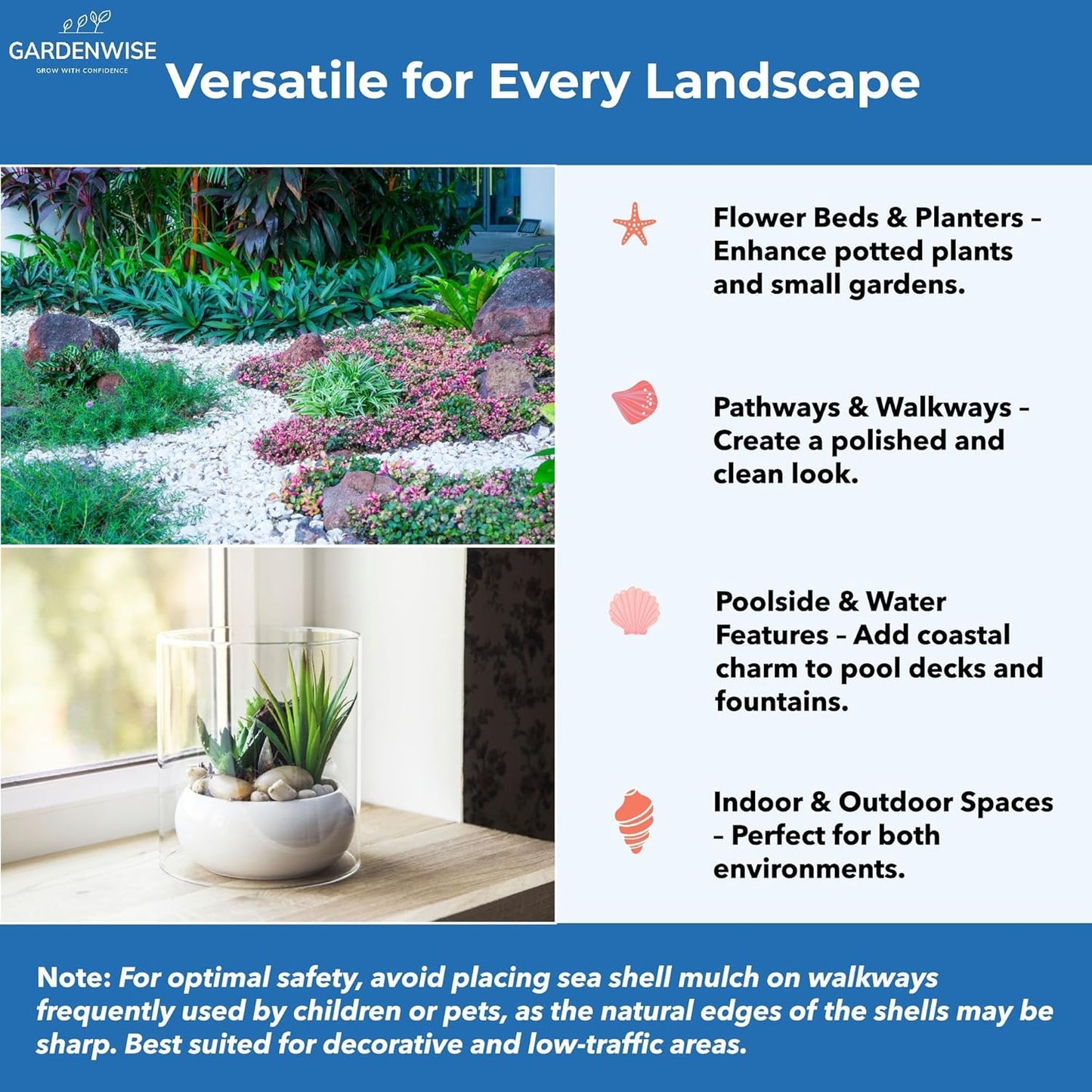 Natural Organic Sea Shell Mulch for Gardens and Landscaping – Decorative and Nutrient-Rich, 0.5–3-Inch Shells, Perfect for Indoor and Outdoor Use (0.5 CF - 14 L - 15 QTS)