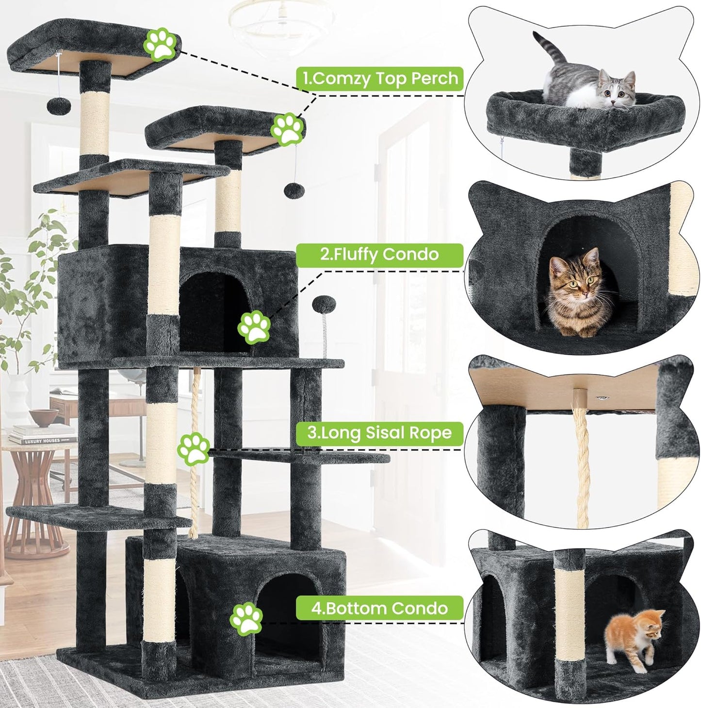 69in Large Cat Tree Tower for Indoor Cats with Soft Plush Hang Ball, Two Condos, Sisal Scratch Posts & Rope Play for Kittens/Adult Cats, Deep Grey
