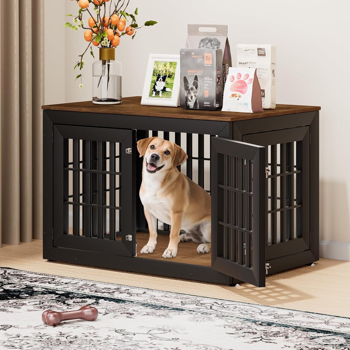 42" Heavy Duty Dog Crate Furniture for Small,Medium and Large Dogs,Rustic Wooden Dog Cage Kennel Indoor Furniture with Waterproof Top,Decorative Pet House Side End Table (Black & Wood)