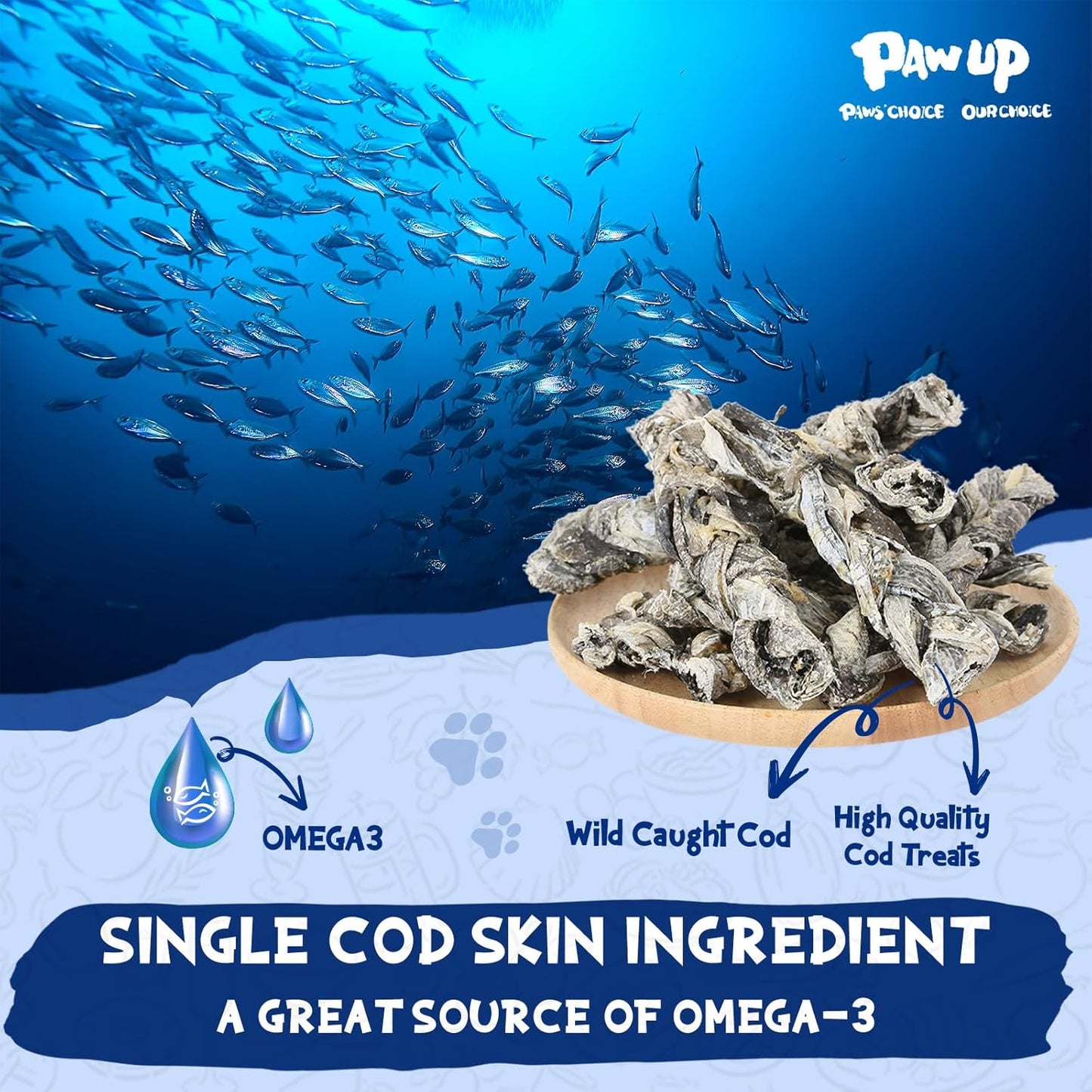 Cod Fish Skin Braids Dog Treats Natural Dried Dog Snacks Sticks, High Omega-3 Single Ingredient Cod Skin Chews w/Taurine, 7 oz