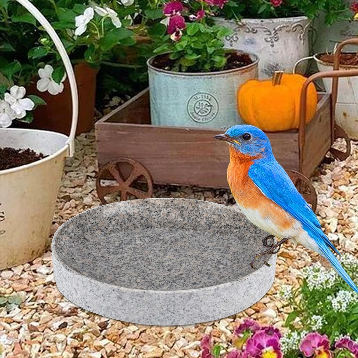 Stone Bird Baths for Outdoors,10inch Birds Bath Bowl with Hanging Accessories,Ground Bird Feeders and Birdbath Bowl, Bird Water Bowl for Balcony, Patio, Garden or Yard,Grey White
