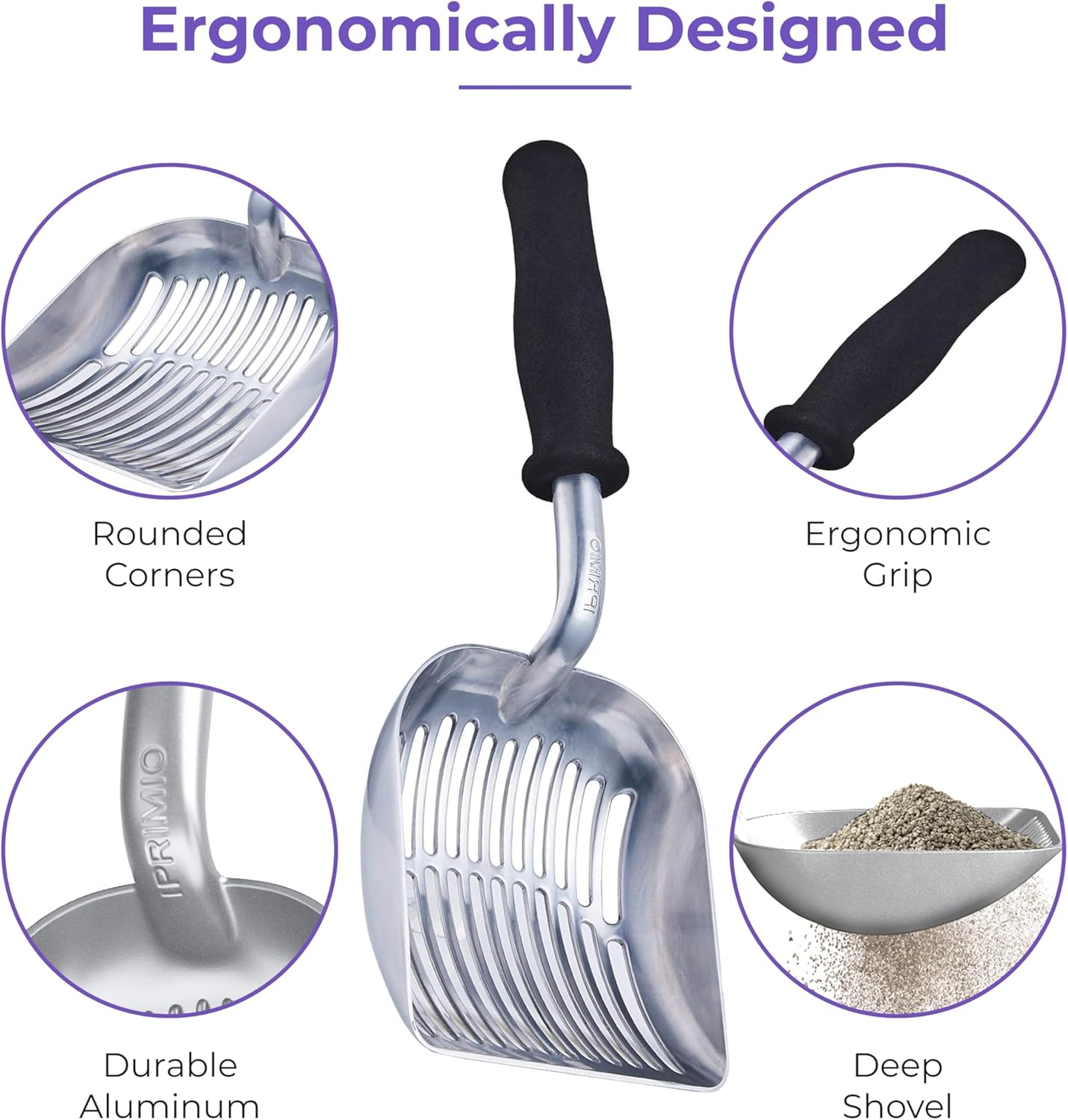 iPrimio Monster Metal Cat Litter Scoop with 17-Inch Long Handle - Extra Large Deep Shovel with Rounded Corners for Extended Reach and Soft Ergonomic Grip for Effortless Cleaning