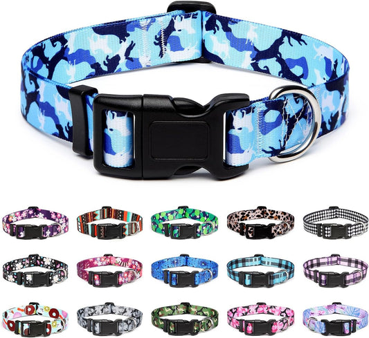 Mercano Adjustable Dog Collar - Special Design Patterns, Soft Nylon Comfortable Durable Pet Collar for Small Medium Large Dogs (M, Dog Camouflage Blue)