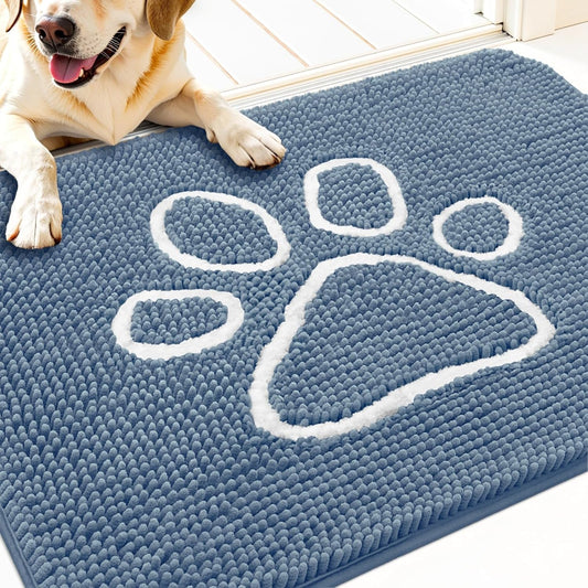 OLANLY Door Mat for Muddy Dog Paws 30x20, Absorbent Chenille Doormat with Paw Print Design, Non-Slip Washable Doormat for Indoor Entryway, Quick-Dry Pet Bed Mats for Dirty Dogs, Airy Blue and White