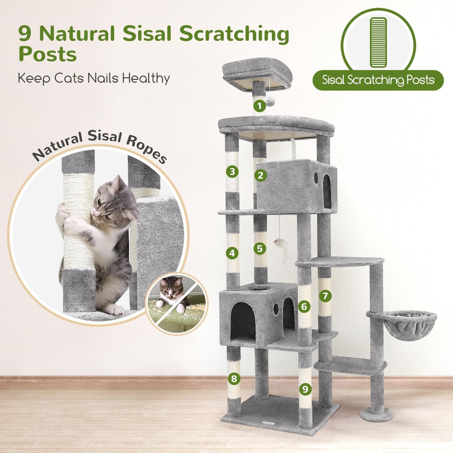 Globlazer Giant Cat Tree, 83 inch Cat Tree for Indoor Cats Large Adult, XXL Cat Tower with 9 Scratching Posts for 20lb+ Heavy Duty Large Adult Cats, F83, Light Grey