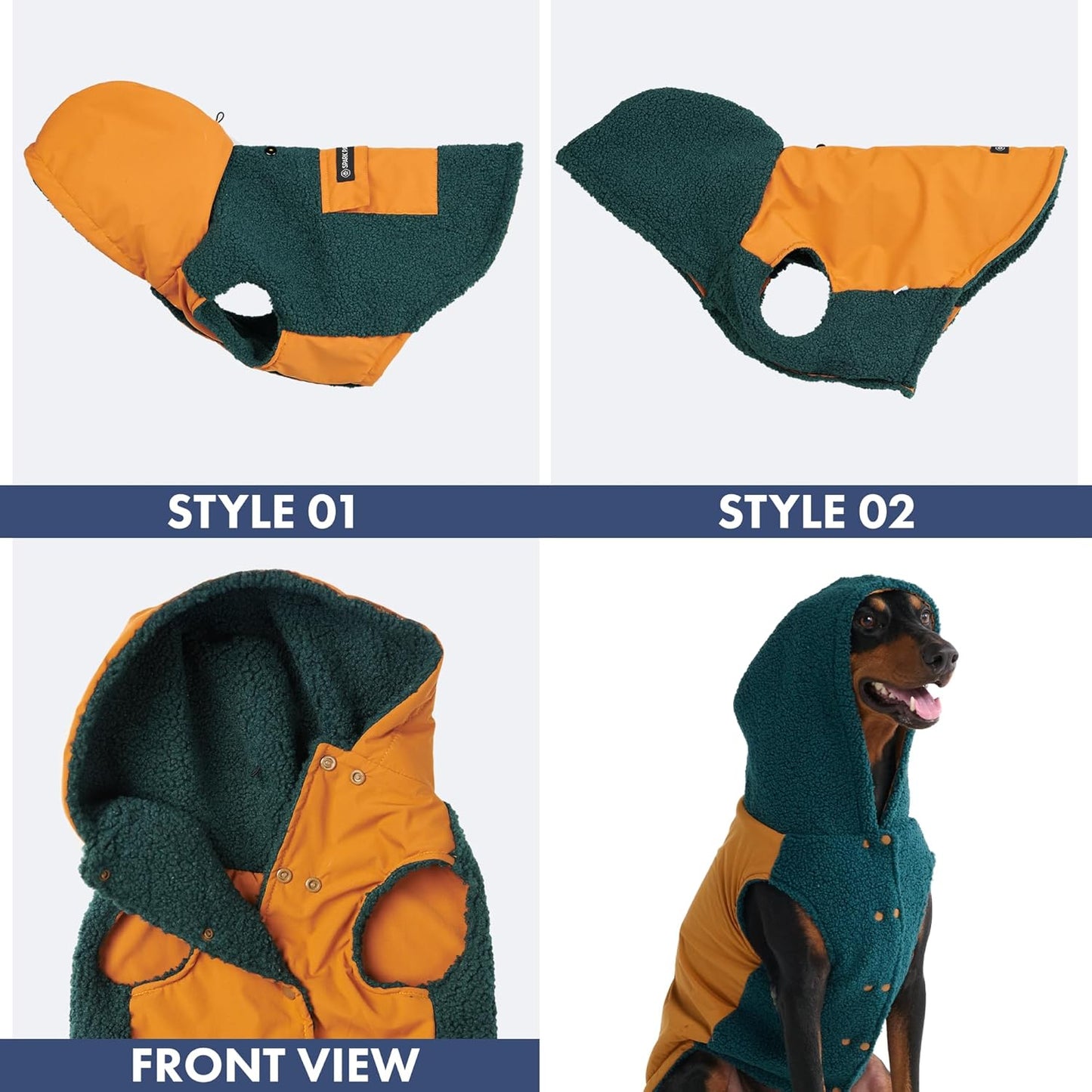Spark Paws Reversible Dog Sweater, Sherpa Jacket Vest with Warm Fleece Lining, Warm Coat for Winter, Suitable for Small Medium, Large, XL XXL Dogs - Orange and Green - XL