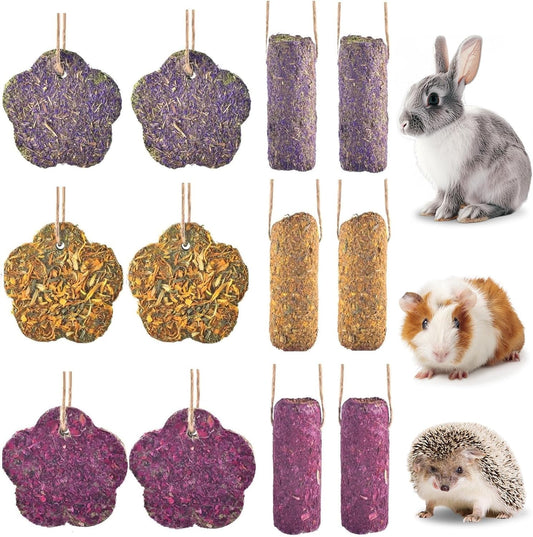 12PCS Rabbit Chew Sticks, Hanging Chew Sticks & Cakes Timothy Hay Rose Chrysanthemum Treat for Bunny Chinchilla Guinea Pig Hamster and Other Small Pets Molar Snack Toy