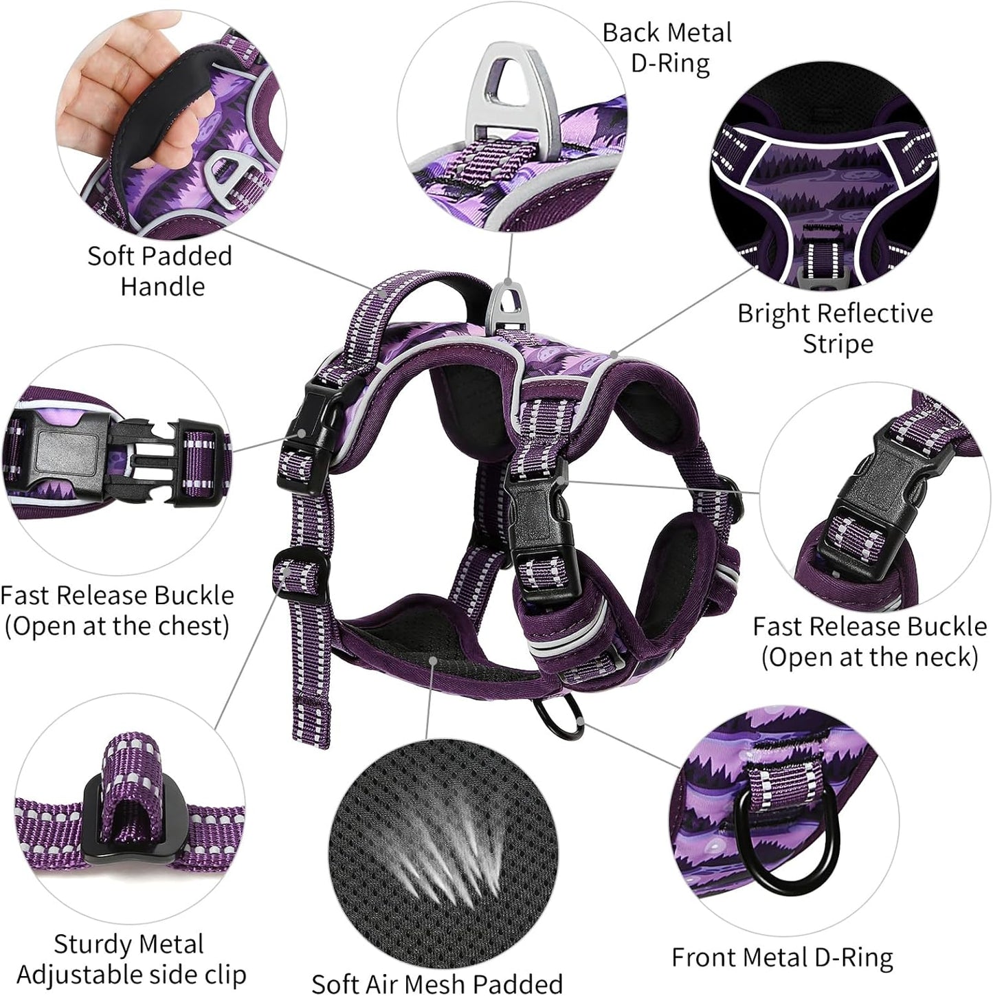 Timos Dog Harness,No-Pull Pet Harness Adjustable Soft Padded Dog Vest,Reflective No-Choke Pet Oxford Vest with Easy Control Handle for Medium Dogs,Moon Night,M