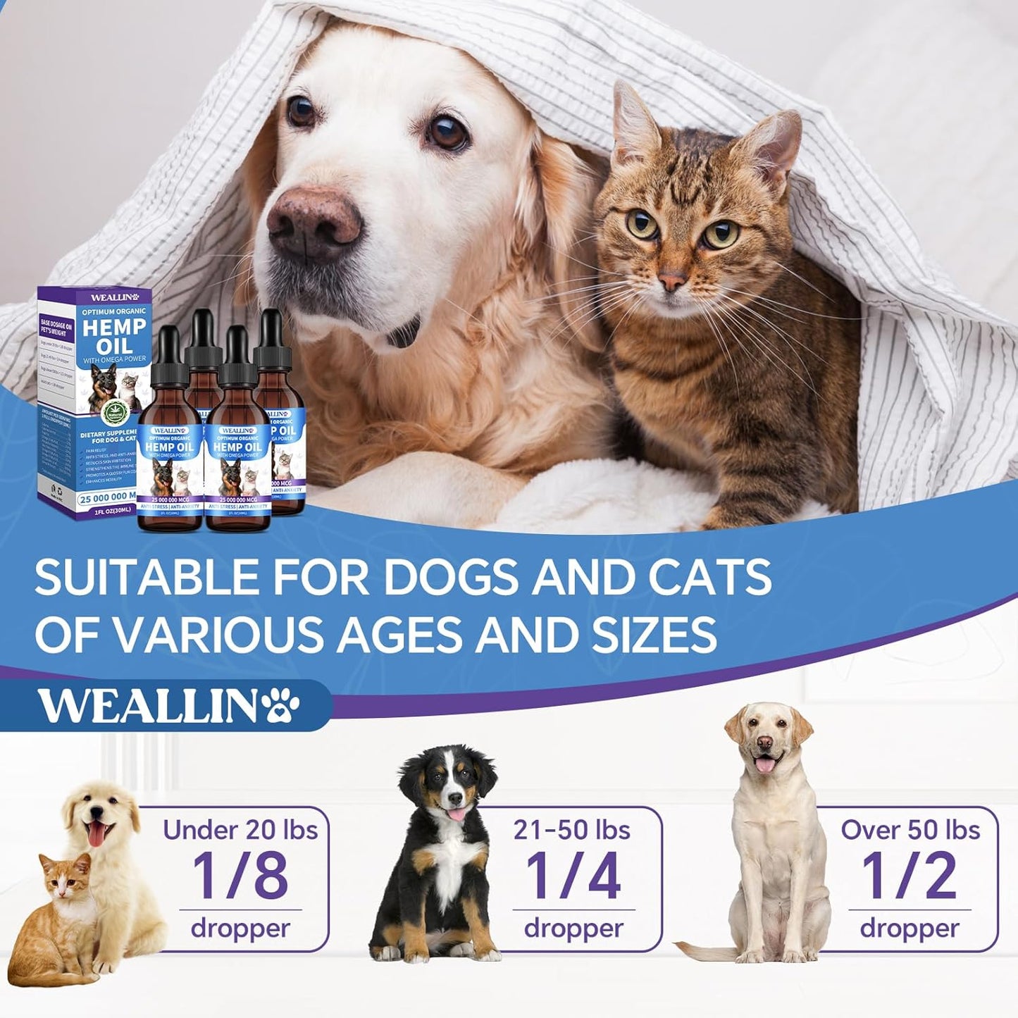 Hemp Oil for Dogs and Cats - Omega-3, 6, 9 Rich Organic Extract - Eases Pet Anxiety, Pain, Skin & Coat Health - Stress Relief, Hip & Joint Support - Calming Treats (4 Pack)