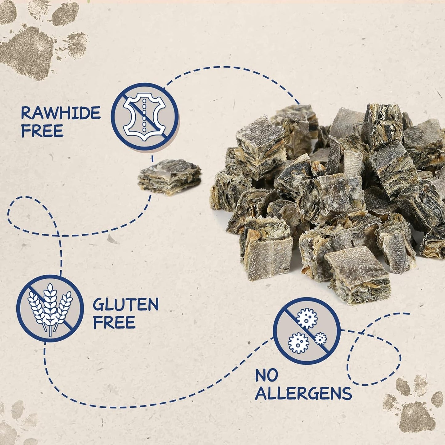 Cod Skin Cubes Dog Treat, Chew Fish Skins Rolls w/Taurine, One-Ingredient Grain Free Healthy Dog Treat, Rich in Omega3, 8 oz