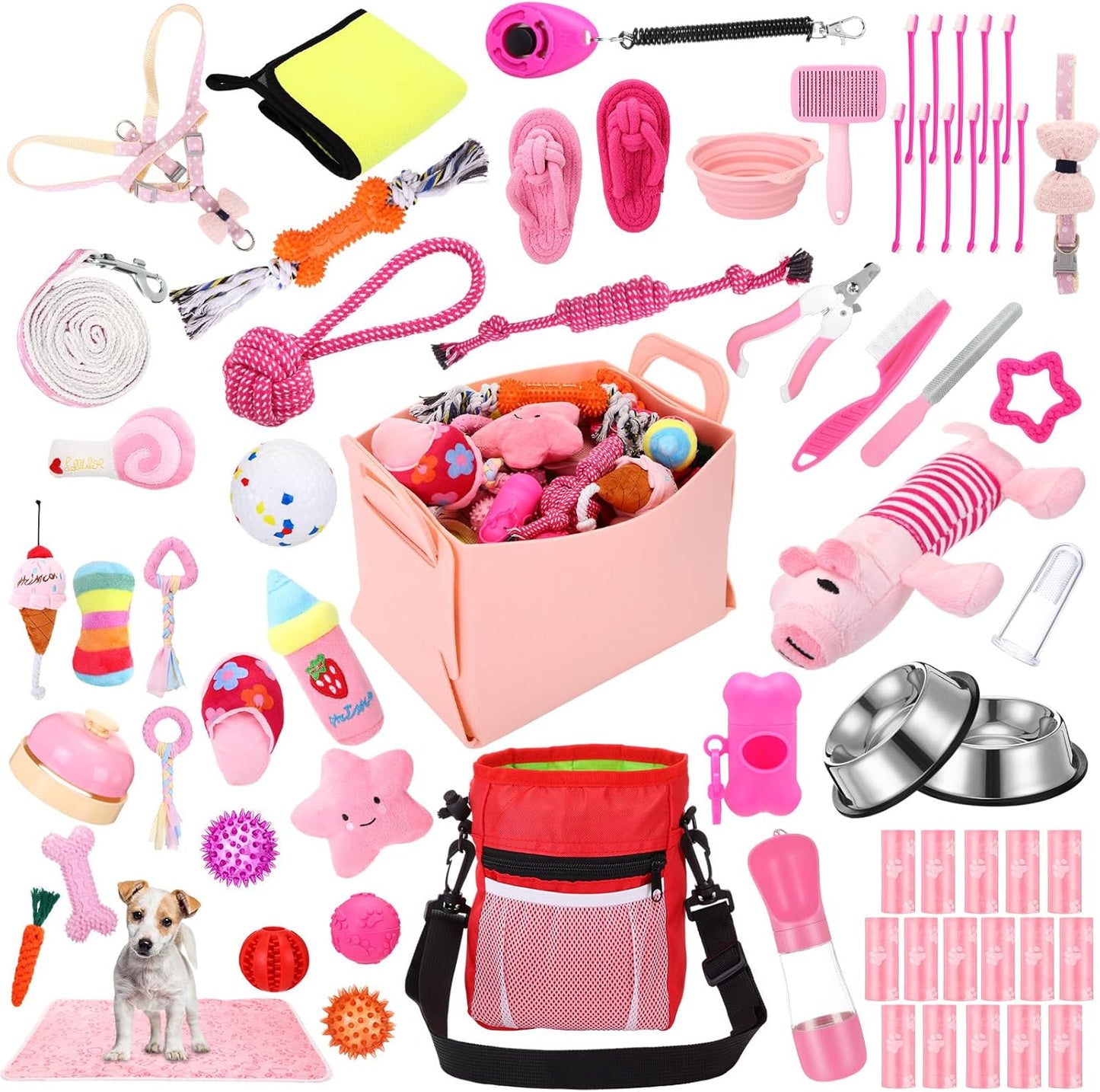 65 Pcs Puppy Supplies Starter Kit Small Dog Essentials Includes Dog Leash, Toys, Bowl, Brushes, Water Bottles, pet Blankets Puppy Accessories for New Welcome Gift Supplies(Cute,Pink)