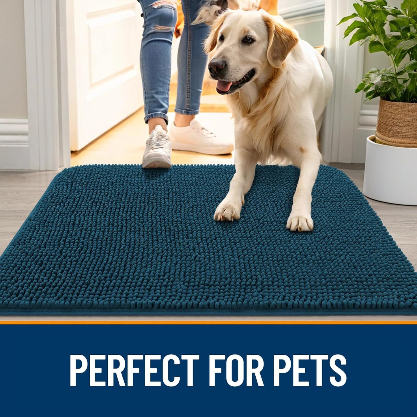 OLANLY Dog Door Mat for Muddy Paws 47x32, Absorbs Moisture and Dirt, Absorbent Non-Slip Washable Doormat, Quick Dry Chenille Mud Mat, Entry Indoor Entryway Carpet for Inside Floor, Atlantic Blue