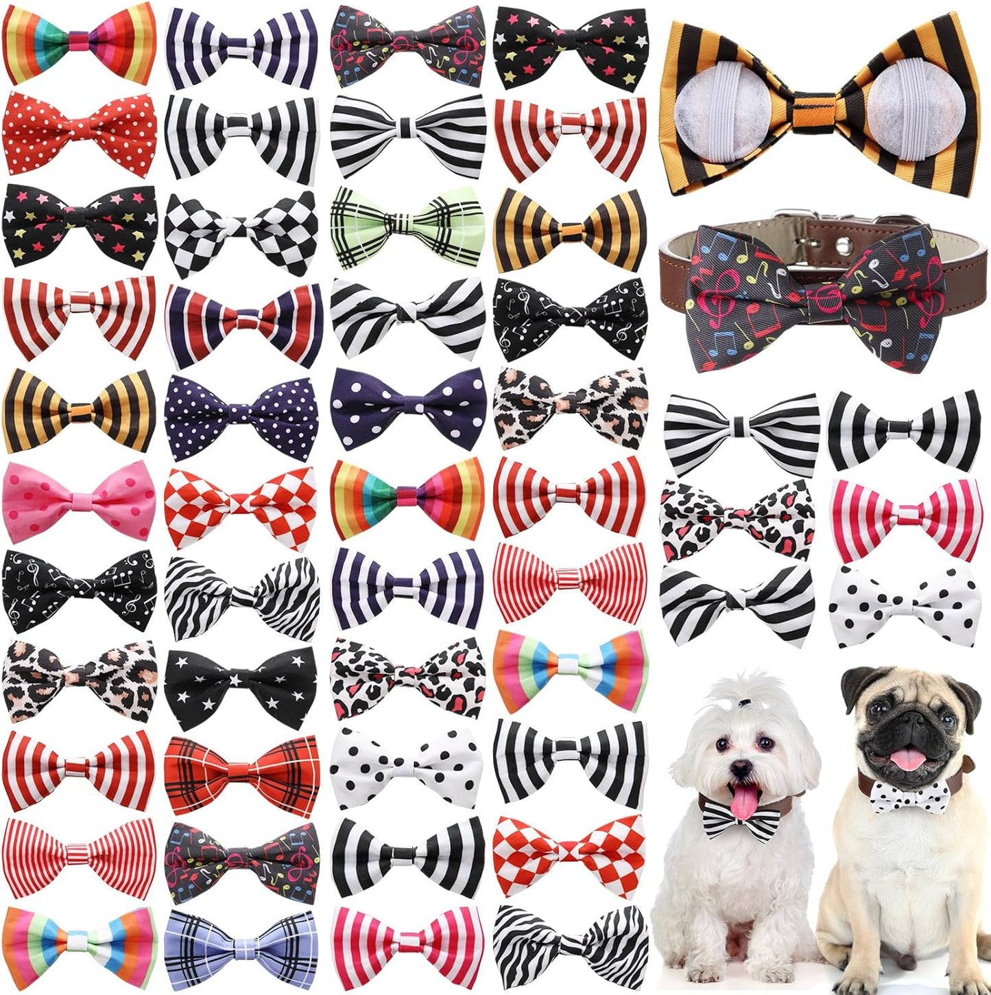 Reginary 50 Pieces Dog Bow Ties Pet Collar Bow Puppy Collar Attachment with Rubber Bands for Small Medium Cat Pet Grooming Charms Accessories Wedding Birthday Occasion(Stripe Style)