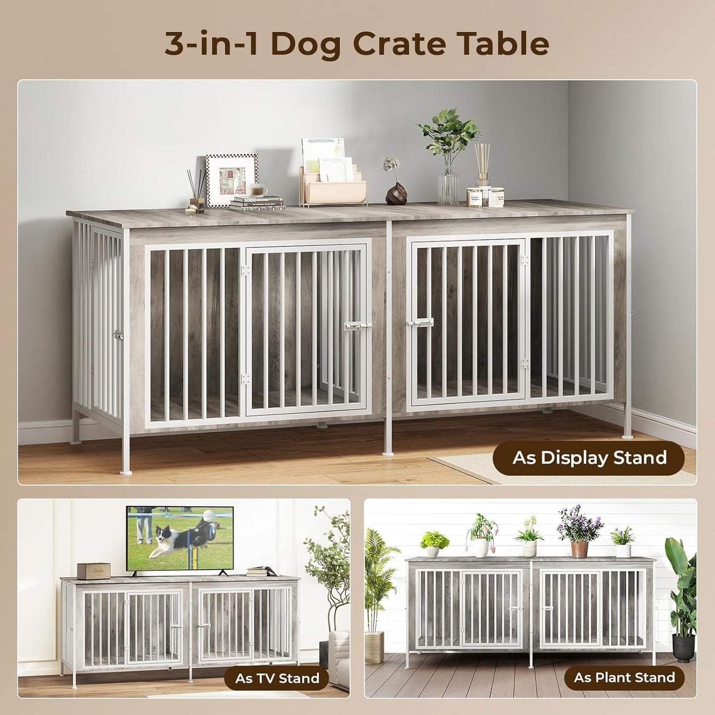 78 Inch Dog Cage Furniture for 2 Large/Medium Dogs with Removable Divider, Extra Large Double Doors Dog Kennel, XXL Thick Wooden Dog cage Furniture, Durable and Sturdy, Beige