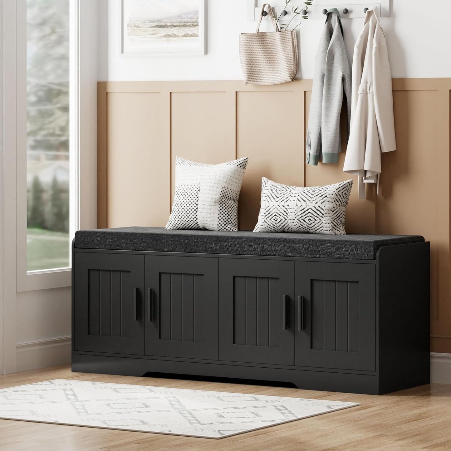 2-Tier Storage Bench, Shoe Bench with Thickened Padded Seat Cushion, Entryway Bench with 4 Doors, Adjustable Shelf, 13.8" D x 45.3" W x 18.5" H, for Entryway, Living Room, Bedroom, Black